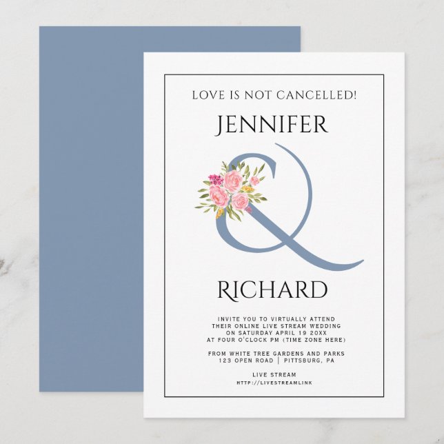 Dusty blue ampersand, rosa ros virtuella bröllop inbjudningar (Fram/baksida)