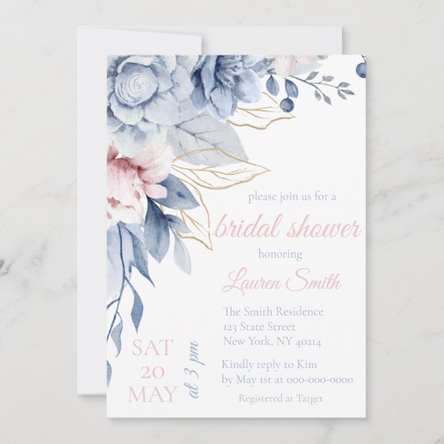 Dusty Blue and Blush Pink Floral Bridal Shower  Inbjudningar (Framsida)