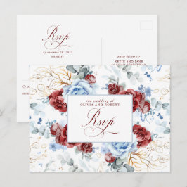 Dusty Blue and Burgundy Red Wedding RSVP Postcard Vykort