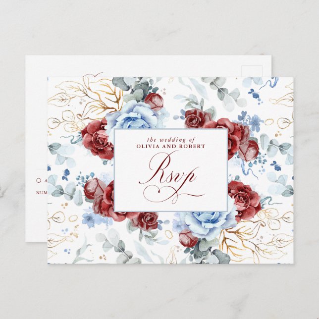 Dusty Blue and Burgundy Red Wedding RSVP Postcard Vykort (Fram/baksida)