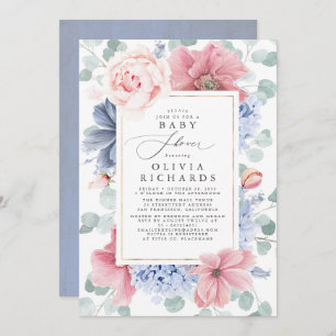 Dusty Blue and Dusty Rosa Blommigt Baby Shower Inbjudningar