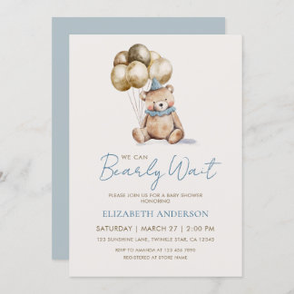 Dusty Blue and Gold Bearly Wait Bear Baby Shower Inbjudningar