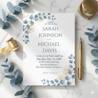 Dusty Blue and Gold Floral wedding Inbjudningar