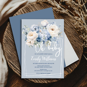 Dusty Blue and ivory blommigt baby-duschinbjudan Inbjudningar