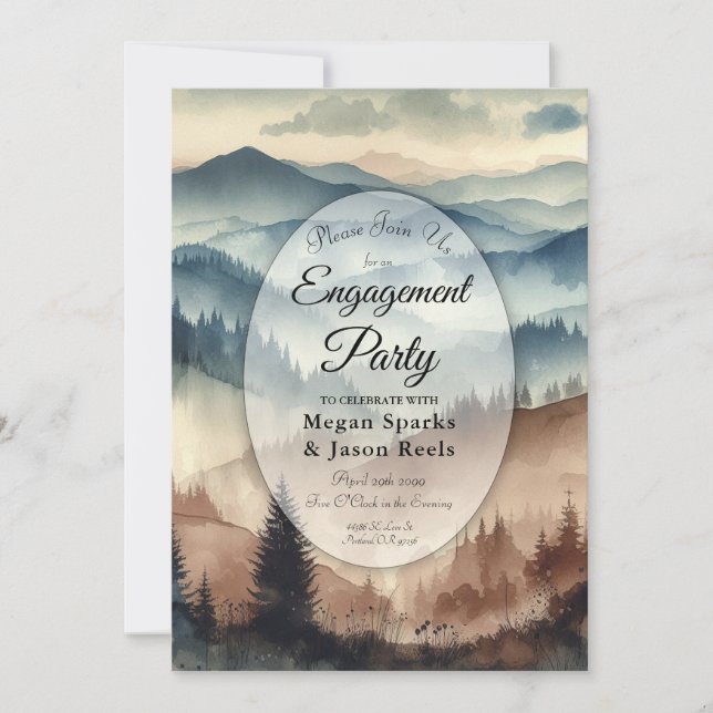 Dusty Blue and Mocha Brown Mountains Engagement Inbjudningar (Framsida)