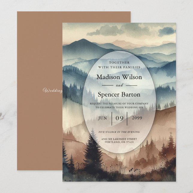 Dusty Blue and Mocha Brown Mountains Wedding Inbjudningar (Fram/baksida)