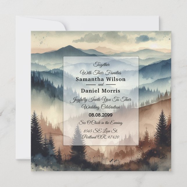 Dusty Blue and Mocha Brown Mountains Wedding Inbjudningar (Framsida)
