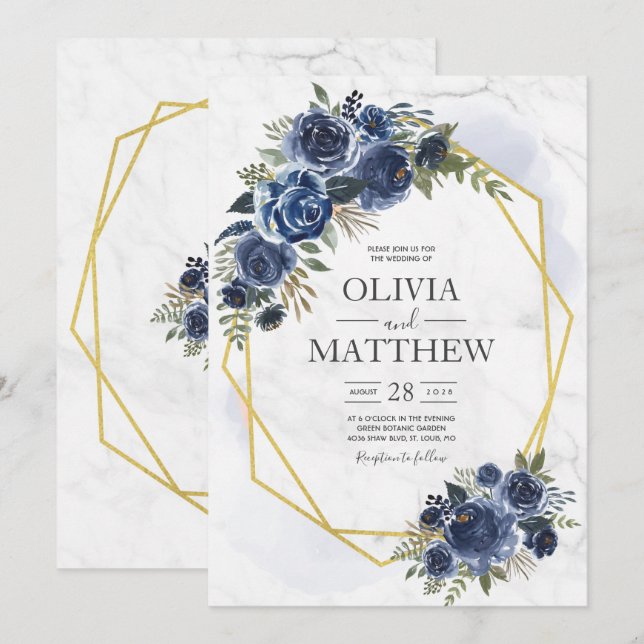 Dusty Blue and Navy Blommigt Elegant Inbjudningar (Fram/baksida)