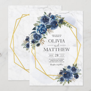 Dusty Blue and Navy Blommigt Elegant Inbjudningar