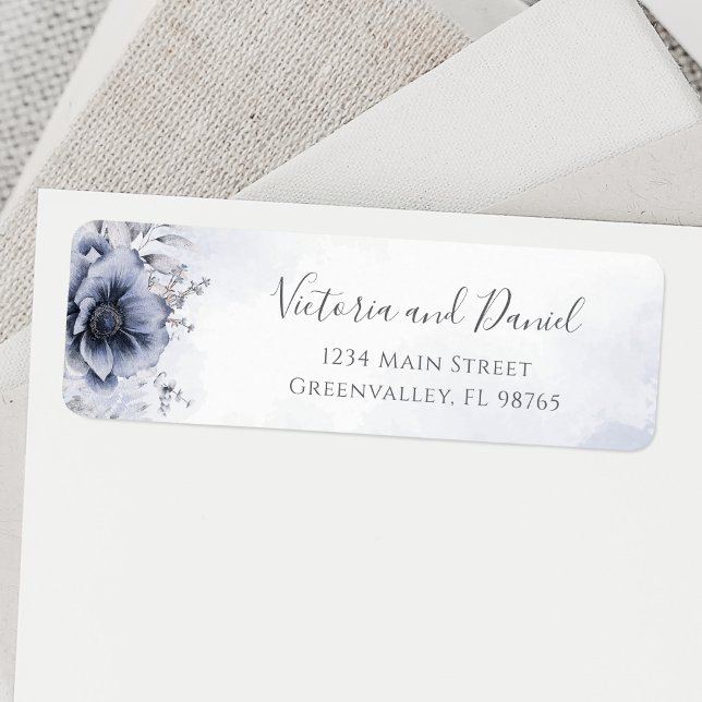 Dusty Blue and Navy Blommigt Elegant Returadress Returadress Etikett (Skapare uppladdad)
