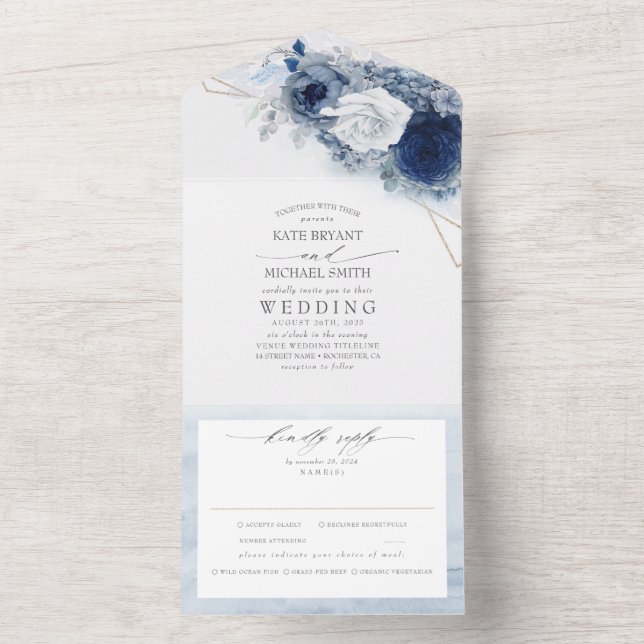 Dusty Blue and Navy Flowers Elegant Modern Bröllop (Insida)