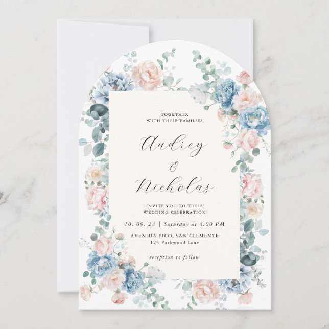 Dusty Blue and Peach Elegant Floral Wedding Arch Inbjudningar (Framsida)