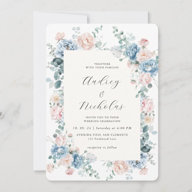 Dusty Blue and Peach Elegant Floral Wedding Inbjudningar (Framsida)