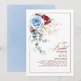 Dusty Blue and Red Floral Botanic Bridal Shower Inbjudningar