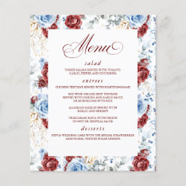Dusty Blue and Red Floral Elegant Wedding Menu Flygblad