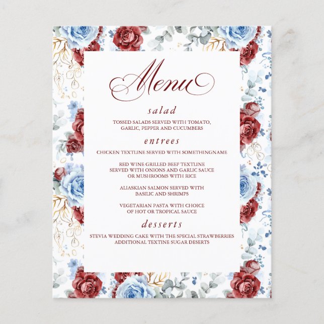 Dusty Blue and Red Floral Elegant Wedding Menu Flygblad (Framsidan)