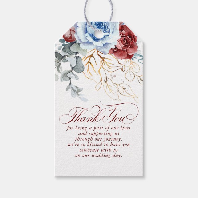 Dusty Blue and Red Flowers Boho Thank You Presentetikett (Framsidan)