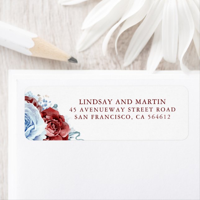 Dusty Blue and Red Flowers Elegant Botanical Returadress Etikett (Insitu)