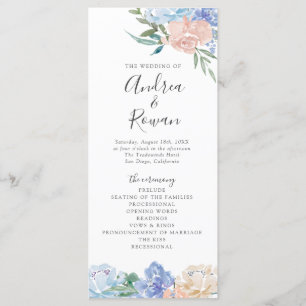 Dusty Blue and Rosa Blommigt Bröllopsprogram Program