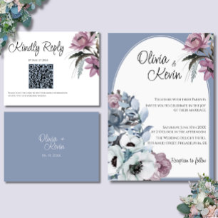 Dusty Blue and Rosa Blommigt Modern QR-kod för Brö OSA Kort