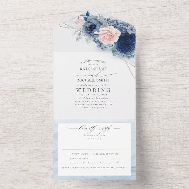 Dusty Blue and Rosa Flowers Elegant Modern Bröllop (Insida)