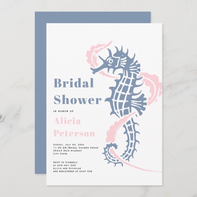 Dusty Blue and  seahorse möhippa Inbjudningar (Fram/baksida)