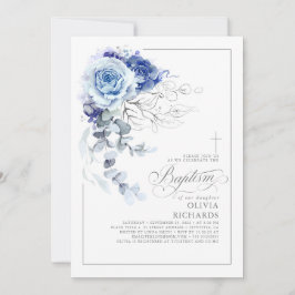 Dusty Blue and Silver Floral Elegant Baptism Inbjudningar