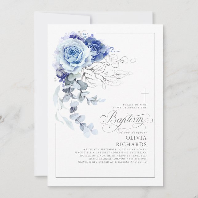 Dusty Blue and Silver Floral Elegant Baptism Inbjudningar (Framsida)