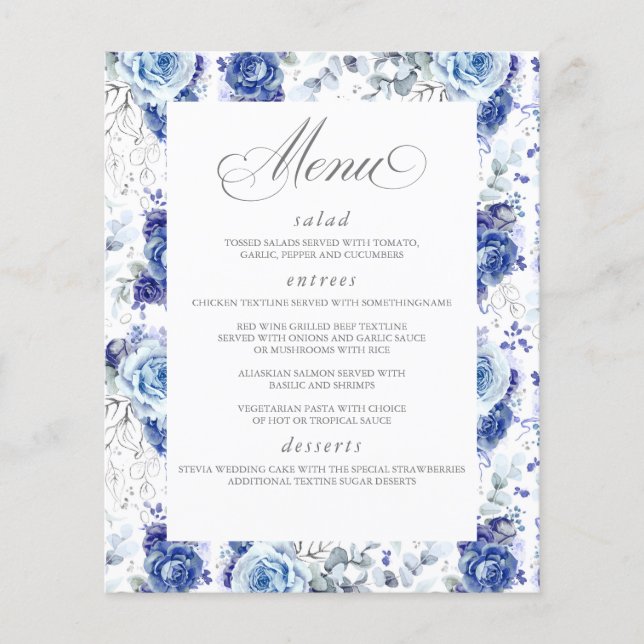 Dusty Blue and Silver Floral Elegant Wedding Menu Flygblad (Framsidan)