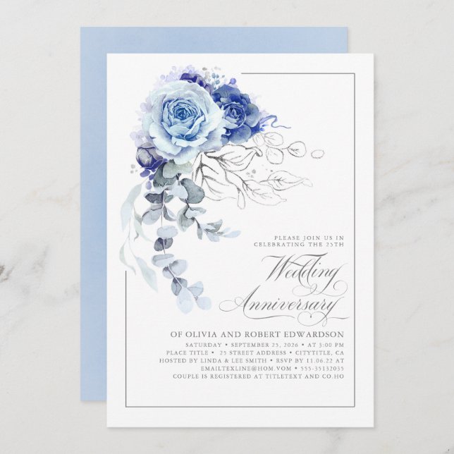 Dusty Blue and Silver Floral Wedding Anniversary Inbjudningar (Fram/baksida)