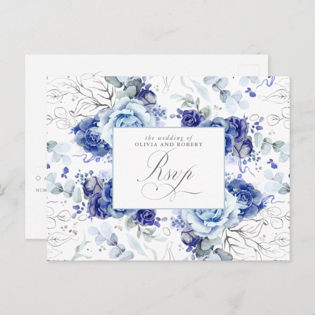 Dusty Blue and Silver Wedding RSVP Postcard Vykort (Fram/baksida)