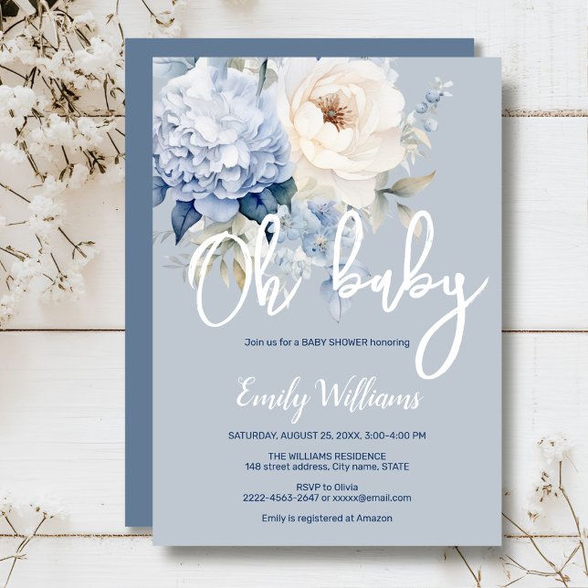 Dusty Blue and white blommigt babydusch Inbjudningar (Dusty blue watercolor flowers peonies rustic gender neutral baby shower invitation )