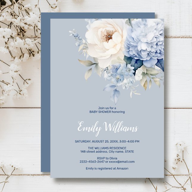 Dusty Blue and white blommigt babydusch Inbjudningar (Dusty blue watercolor flowers peonies rustic gender neutral baby shower invitation )