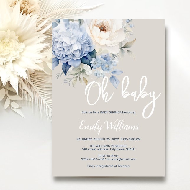 Dusty Blue and white blommigt babydusch Inbjudningar (Dusty blue watercolor flowers peonies rustic gender neutral baby shower invitation )