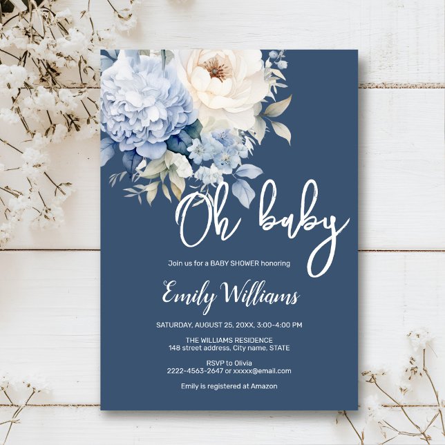Dusty Blue and white blommigt babydusch Inbjudningar (Dusty blue watercolor flowers peonies rustic gender neutral baby shower invitation )