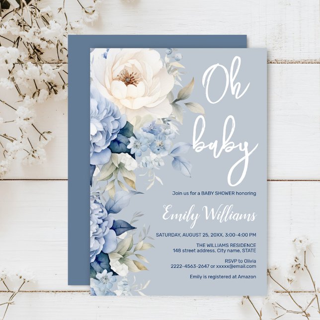 Dusty Blue and white blommigt babydusch Inbjudningar (Dusty blue watercolor flowers peonies rustic gender neutral baby shower invitation )