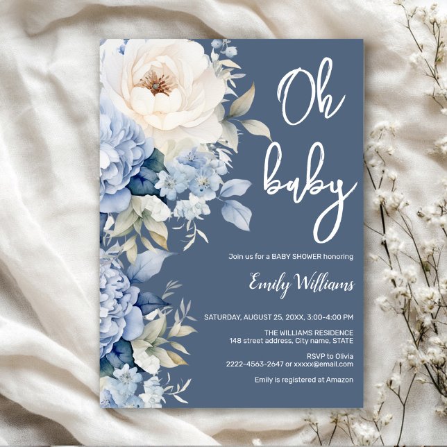 Dusty Blue and white blommigt babydusch Inbjudningar (Dusty blue watercolor flowers peonies rustic gender neutral baby shower invitation )