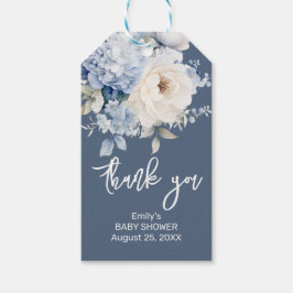 Dusty Blue and white blommigt babyduschkort Presentetikett
