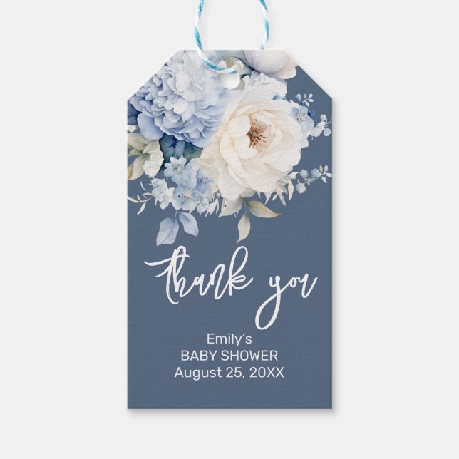 Dusty Blue and white blommigt babyduschkort Presentetikett (Framsidan)