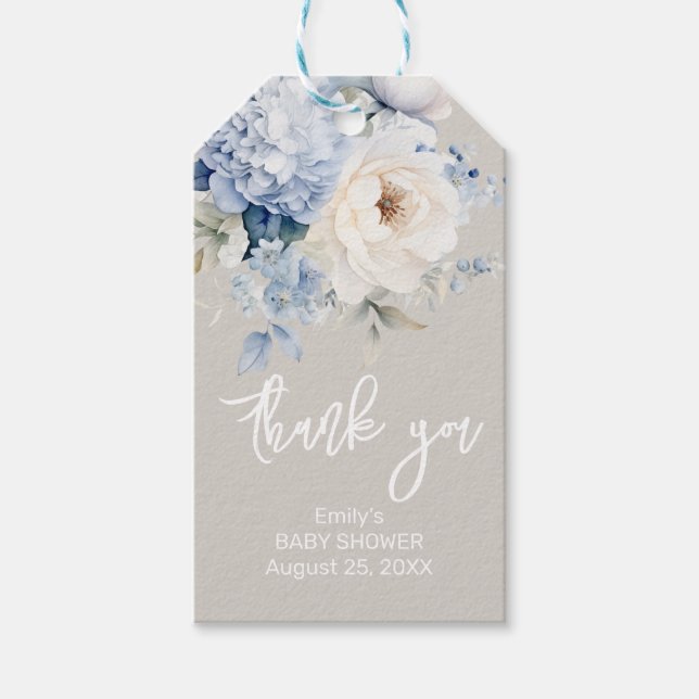 Dusty Blue and white blommigt babyduschkort Presentetikett (Framsidan)