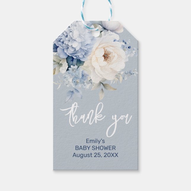 Dusty Blue and white blommigt babyduschkort Presentetikett (Framsidan)