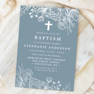 Dusty Blue and White Blommigt Baptism Inbjudningar