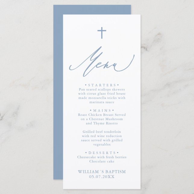 Dusty Blue and White Cross Boy Baptism Menu Card Meny (Fram/baksida)