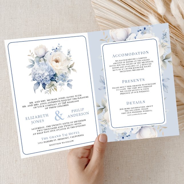 Dusty Blue and White Floral All in One Wedding Inbjudan (Skapare uppladdad)