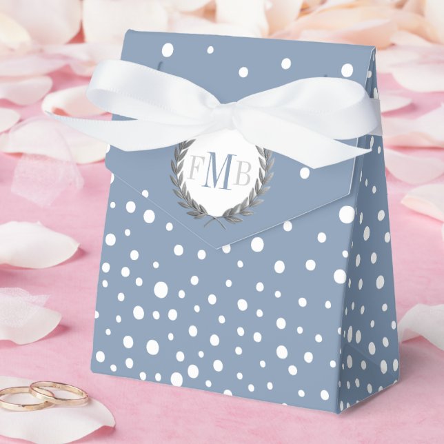 Dusty blue and white polka dot pattern wedding fav presentaskar (Bröllop)