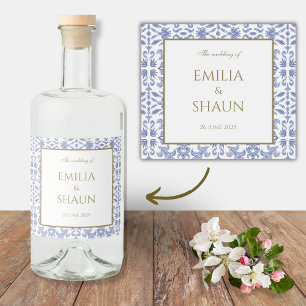 Dusty Blue and White Vintage-stil Patterned Spritflaskor Etikett