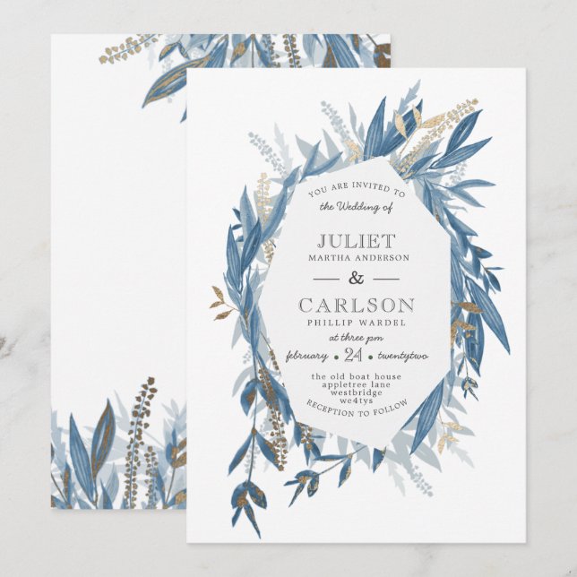 Dusty Blue- andedräkt med rustik Inbjudningar (Fram/baksida)