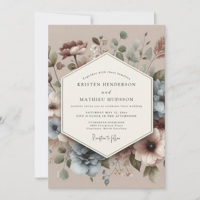 Dusty Blue Antique Floral Wedding Inbjudningar (Framsida)
