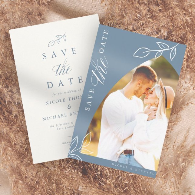 Dusty Blue Arch Boho Minimal Löv Photo Spara Datumet (Skapare uppladdad)