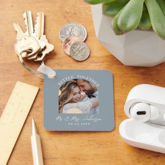 Dusty Blue Arch-foto bröllop-presentens hemdekoder Nyckelring (Skrivbord)